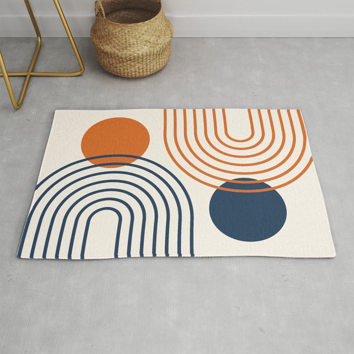 Mid Century Modern Geometric 199 in Navy Blue Orange Rug Gallery Image 1