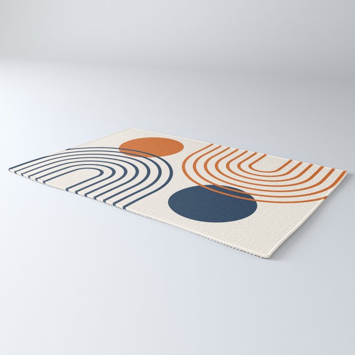 Mid Century Modern Geometric 199 in Navy Blue Orange Rug Gallery Image 3
