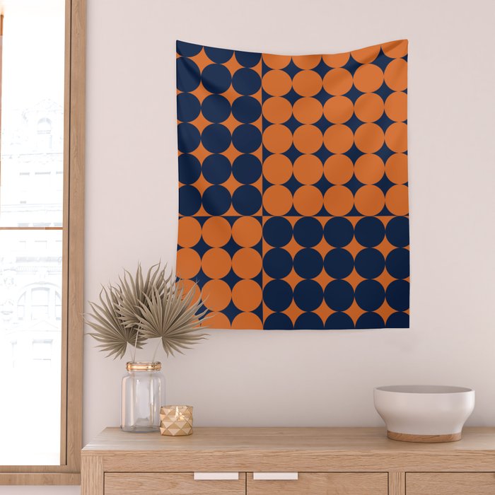 Abstraction Shapes 30 in vintage Orange and Navy Blue Wall Tapestry Gallery Image 2