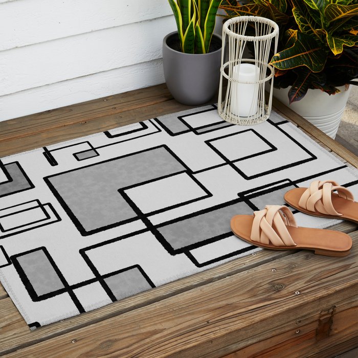 Piet Composition - Mid-Century Modern Minimalist Geometric Abstract in Gray Outdoor Rug Gallery Image 2