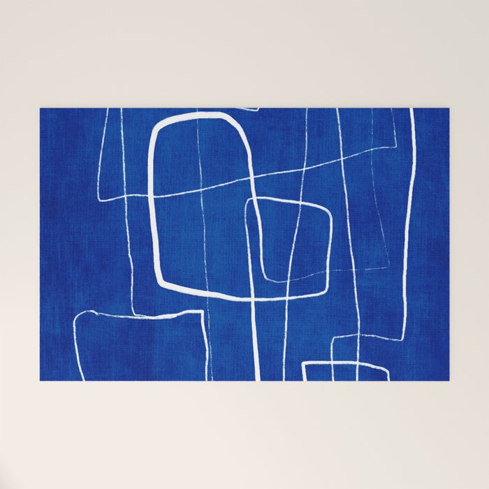 Cobalt Blue White Line Art Minimalist Artwork Welcome Mat Gallery Image 1