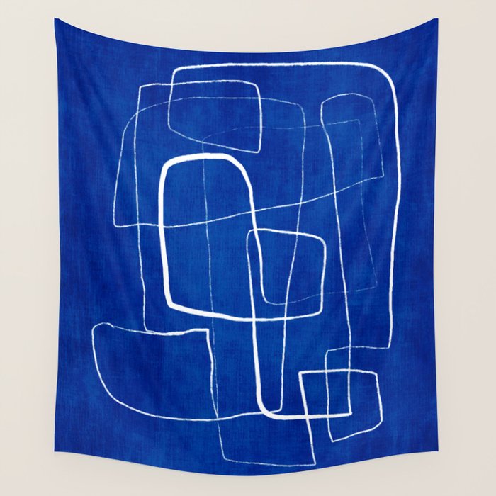 Cobalt Blue White Line Art Minimalist Artwork Wall Tapestry