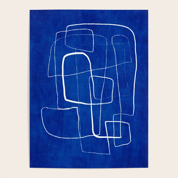 Cobalt Blue White Line Art Minimalist Artwork Poster Gallery Image 4