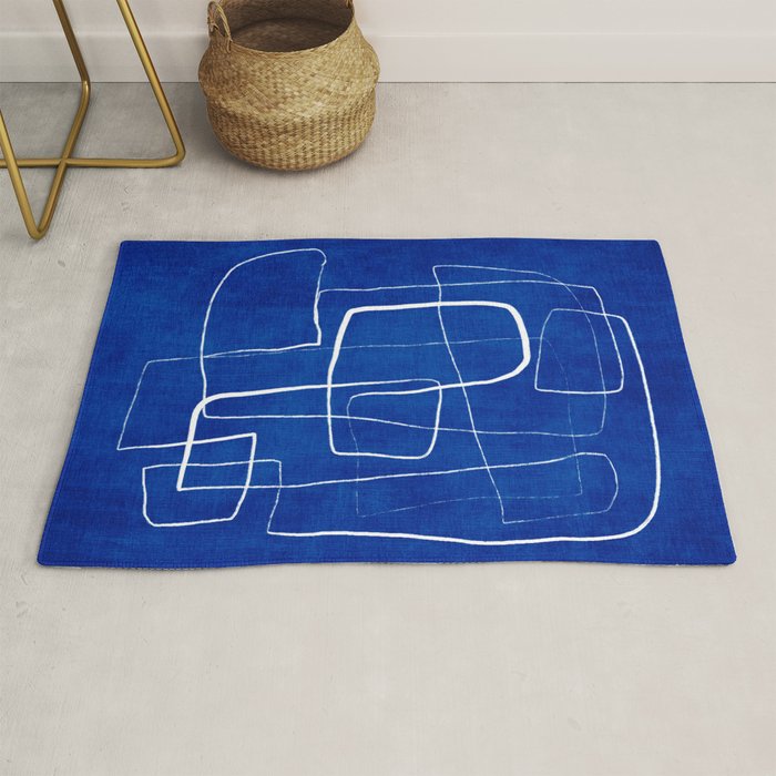 Cobalt Blue White Line Art Minimalist Artwork Rug Gallery Image 1