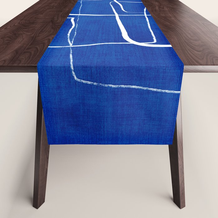 Cobalt Blue White Line Art Minimalist Artwork Table Runner Gallery Image 1