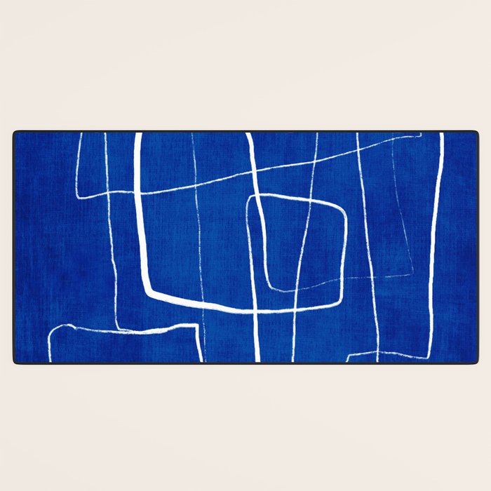 Cobalt Blue White Line Art Minimalist Artwork Desk Mat Gallery Image 3