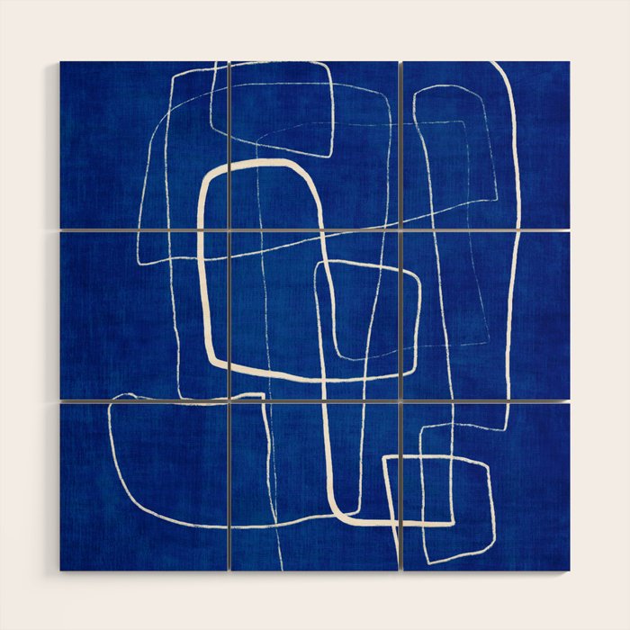 Cobalt Blue White Line Art Minimalist Artwork Wood Wall Art Gallery Image 1