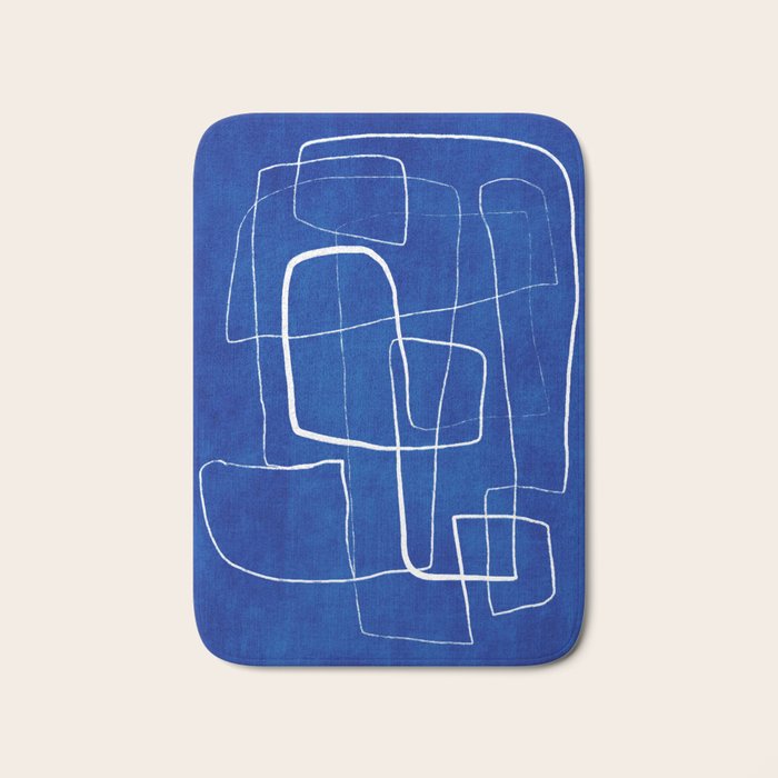 Cobalt Blue White Line Art Minimalist Artwork Bath Mat Gallery Image 1