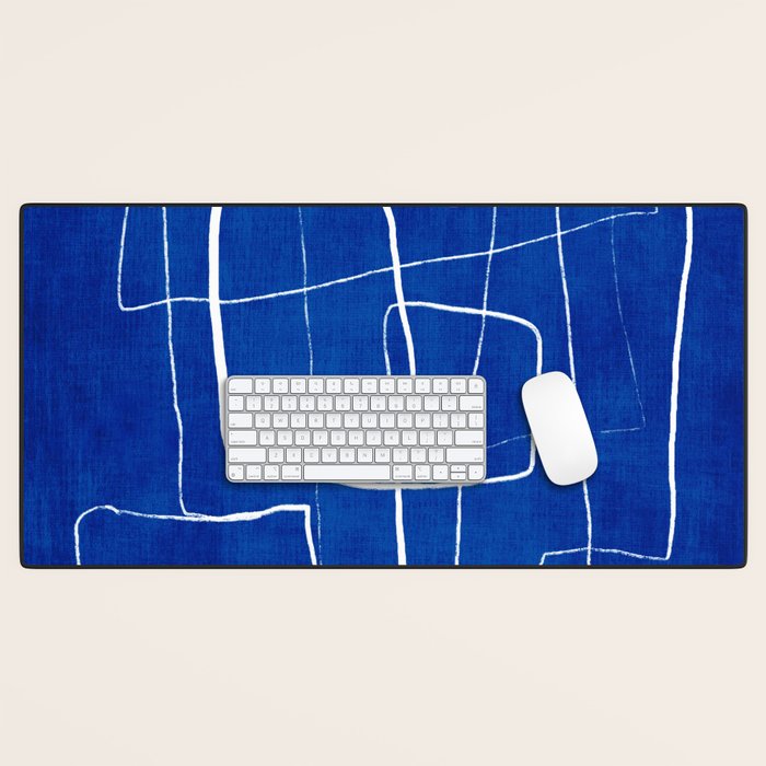 Cobalt Blue White Line Art Minimalist Artwork Desk Mat Gallery Image 1