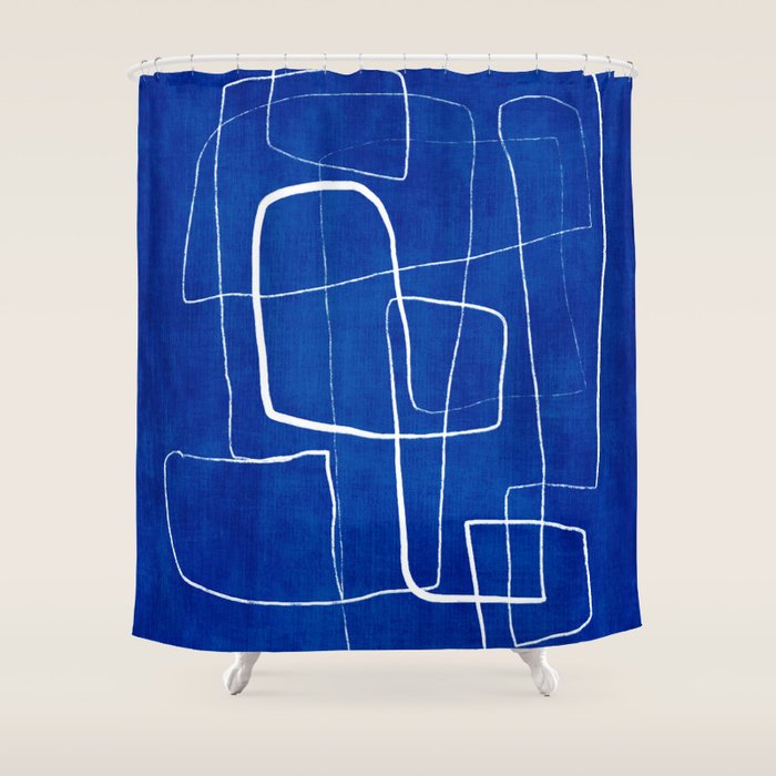 Cobalt Blue White Line Art Minimalist Artwork Shower Curtain Gallery Image 1
