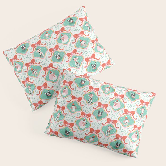 Christmas Dogs Festive Furry Holiday Ornaments Damask Pastel Green Pillow Sham Gallery Image 1