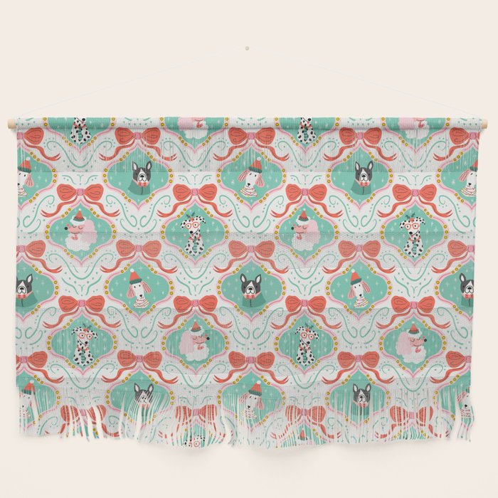 Christmas Dogs Festive Furry Holiday Ornaments Damask Pastel Green Wall Hanging Gallery Image 1