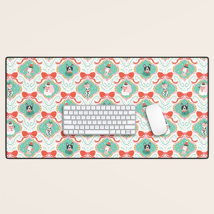 Christmas Dogs Festive Furry Holiday Ornaments Damask Pastel Green Desk Mat Gallery Image 1