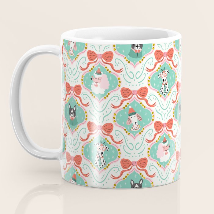 Christmas Dogs Festive Furry Holiday Ornaments Damask Pastel Green Coffee Mug Gallery Image 3