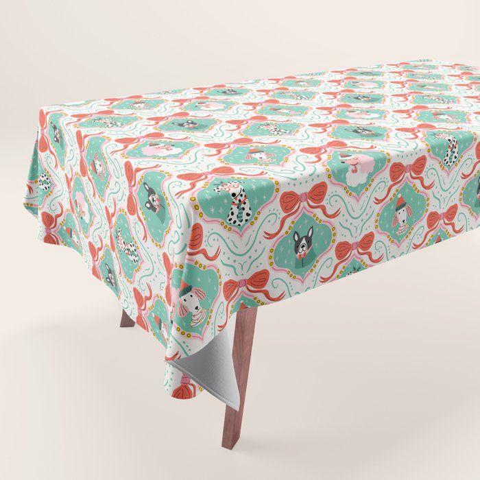 Christmas Dogs Festive Furry Holiday Ornaments Damask Pastel Green Tablecloth Gallery Image 1