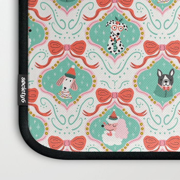 Christmas Dogs Festive Furry Holiday Ornaments Damask Pastel Green Laptop Sleeve Gallery Image 3