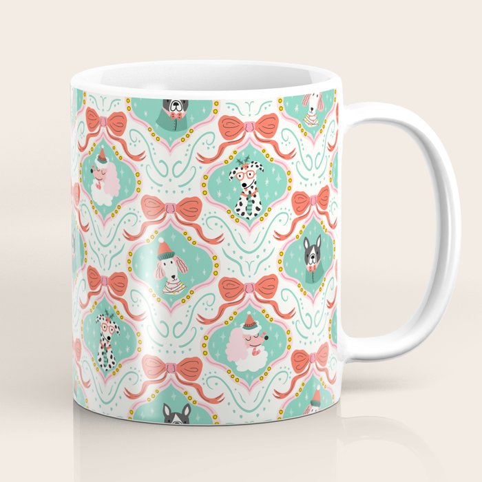Christmas Dogs Festive Furry Holiday Ornaments Damask Pastel Green Coffee Mug Gallery Image 1