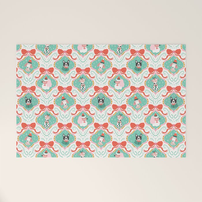 Christmas Dogs Festive Furry Holiday Ornaments Damask Pastel Green Welcome Mat Gallery Image 1
