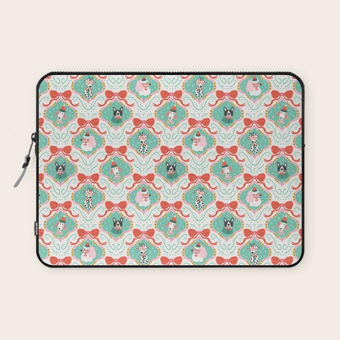 Christmas Dogs Festive Furry Holiday Ornaments Damask Pastel Green Laptop Sleeve Gallery Image 1