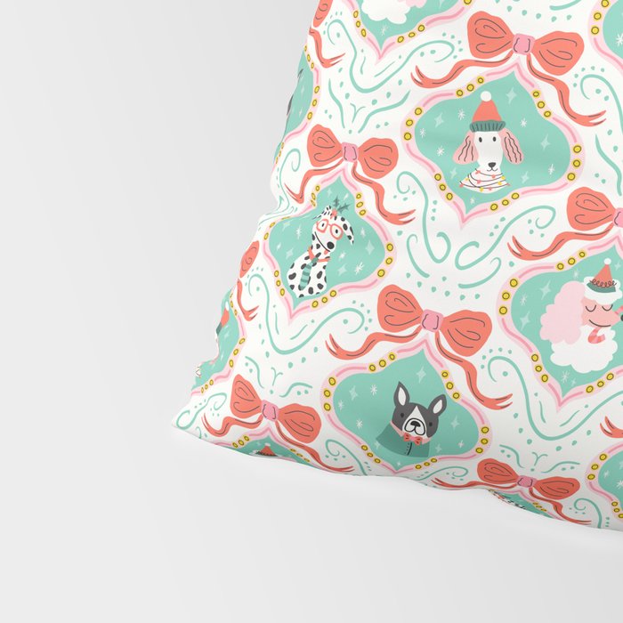 Christmas Dogs Festive Furry Holiday Ornaments Damask Pastel Green Pillow Sham Gallery Image 4
