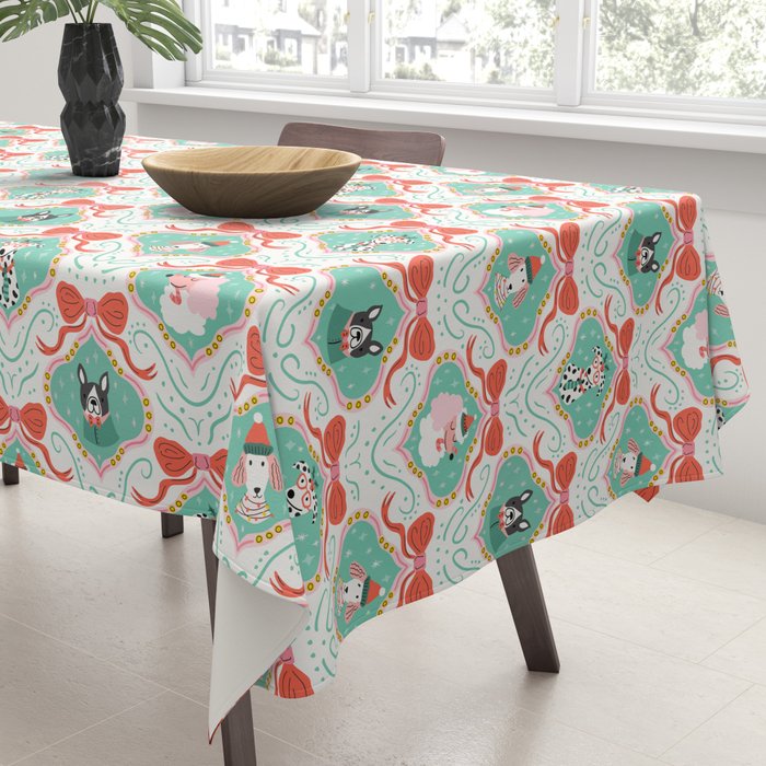 Christmas Dogs Festive Furry Holiday Ornaments Damask Pastel Green Tablecloth Gallery Image 3