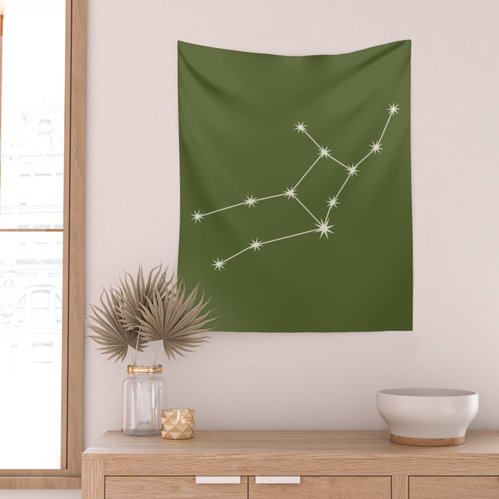 Virgo Zodiac Star Constellation Line Art Olive Green Wall Tapestry Gallery Image 2