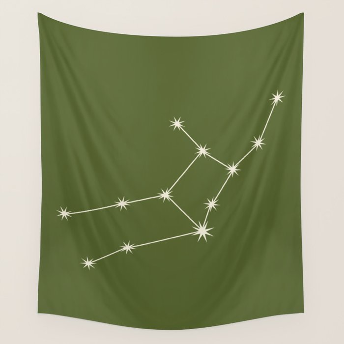 Virgo Zodiac Star Constellation Line Art Olive Green Wall Tapestry Gallery Image 1