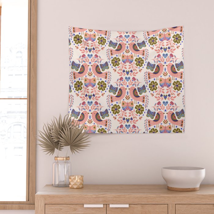 Folk Birds - Vintage Color Wall Tapestry Gallery Image 2