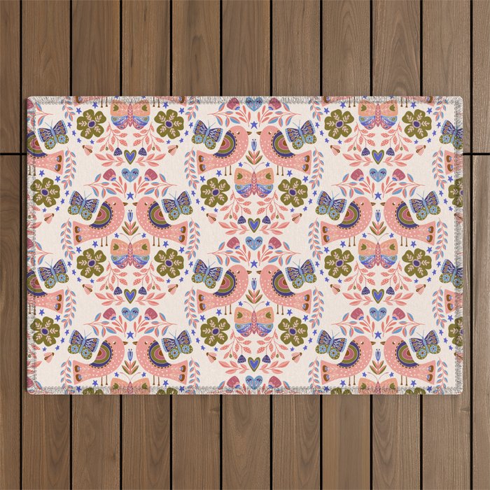 Folk Birds - Vintage Color Outdoor Rug Gallery Image 1