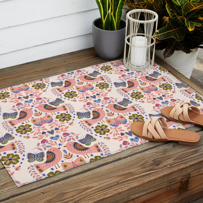 Folk Birds - Vintage Color Outdoor Rug Gallery Image 2