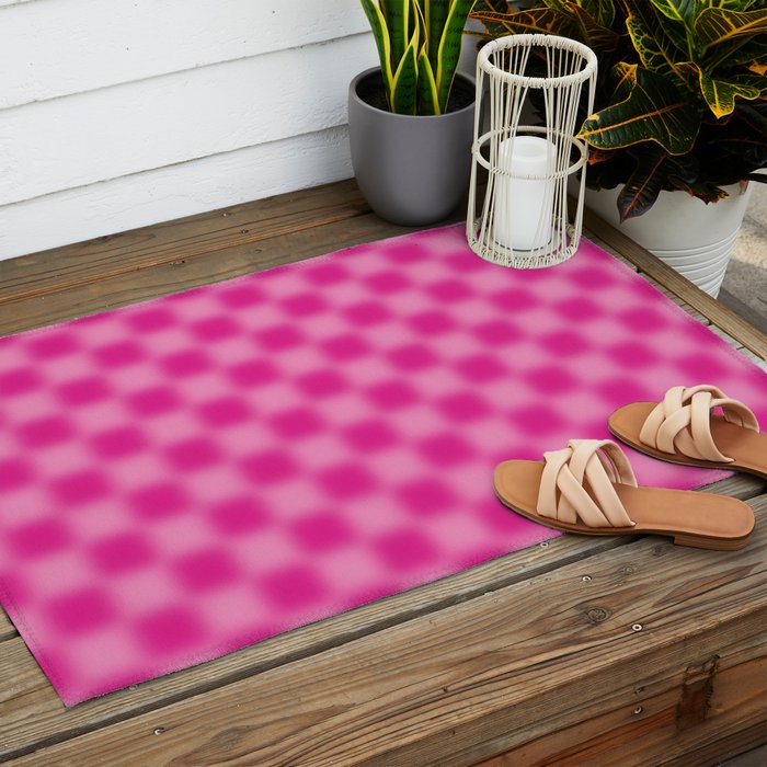 Checkered Blur Hot Pink Blurry Checkered Pattern Outdoor Rug Gallery Image 2