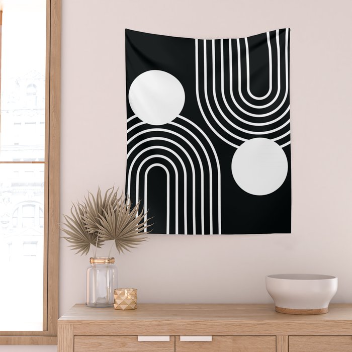 Mid Century Modern Geometric 191 in White and Black Wall Tapestry Gallery Image 2