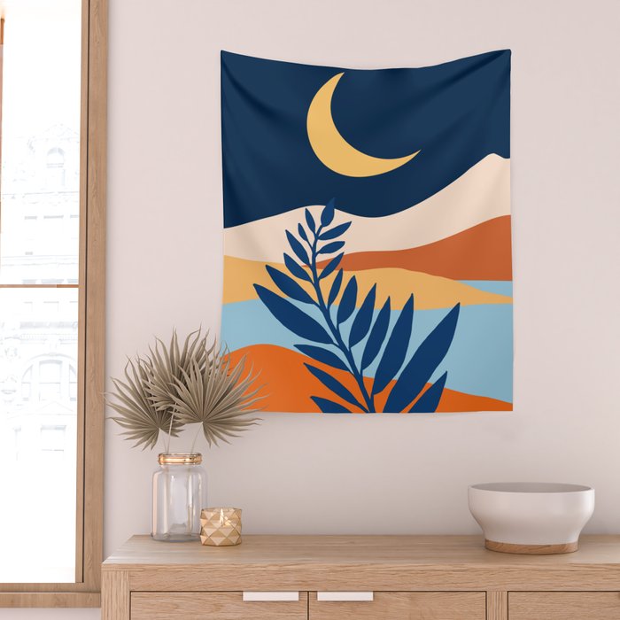 Moon and Night Bloomer Mountain Landscape Wall Tapestry Gallery Image 2