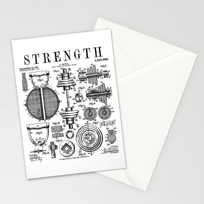 Gym Fitness Workout Dumbbell Kettlebell Vintage Patent Print Stationery Card Gallery Image 2