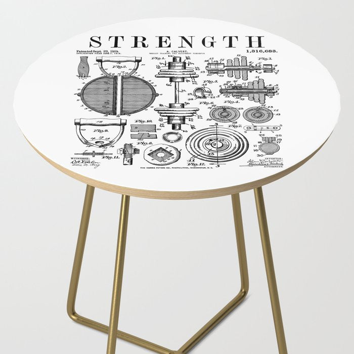 Gym Fitness Workout Dumbbell Kettlebell Vintage Patent Print Side Table Gallery Image 2
