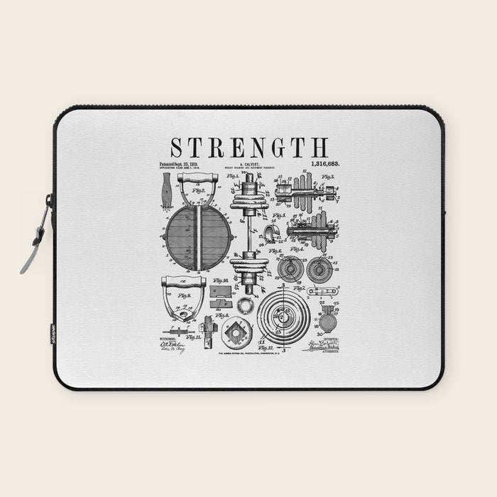 Gym Fitness Workout Dumbbell Kettlebell Vintage Patent Print Laptop Sleeve Gallery Image 1