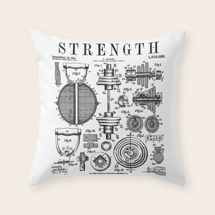 Gym Fitness Workout Dumbbell Kettlebell Vintage Patent Print Throw Pillow Gallery Image 6