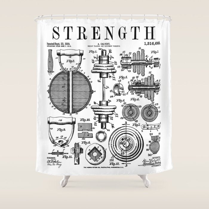 Gym Fitness Workout Dumbbell Kettlebell Vintage Patent Print Shower Curtain Gallery Image 1