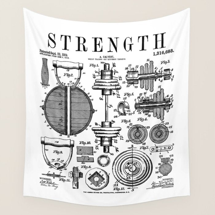 Gym Fitness Workout Dumbbell Kettlebell Vintage Patent Print Wall Tapestry Gallery Image 4