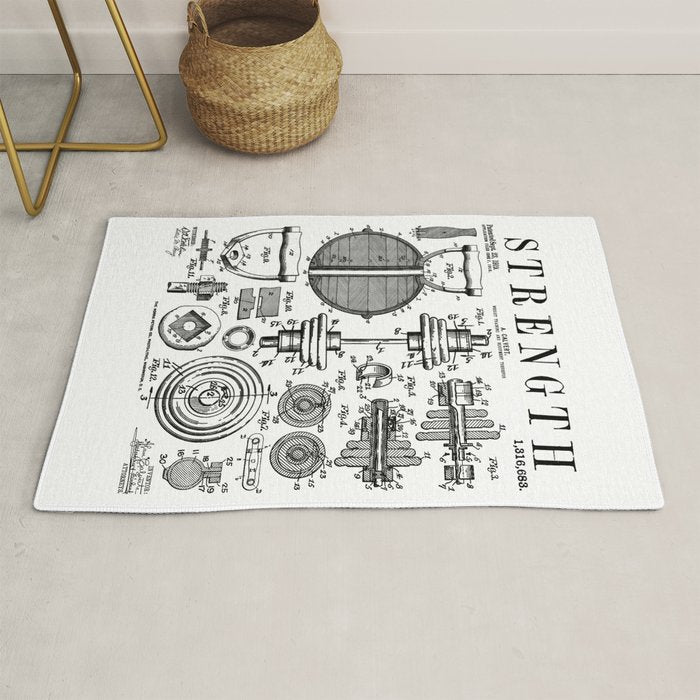 Gym Fitness Workout Dumbbell Kettlebell Vintage Patent Print Rug Gallery Image 1
