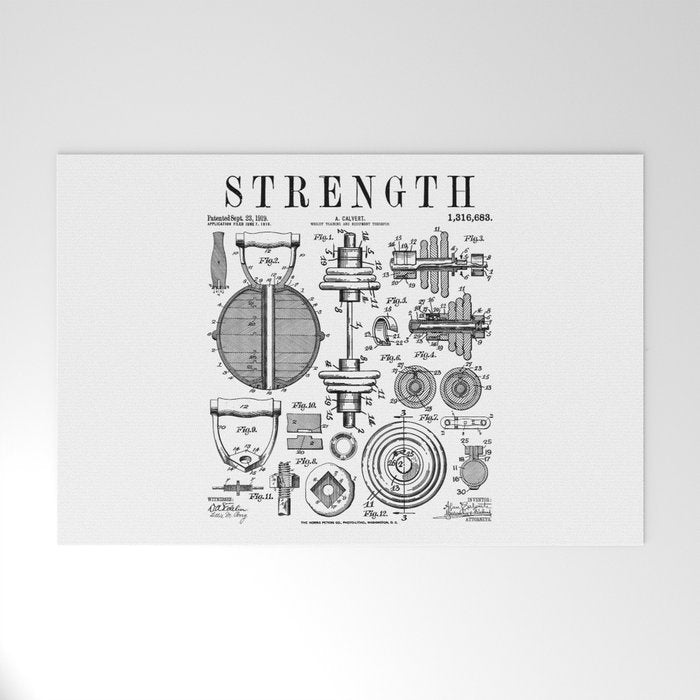 Gym Fitness Workout Dumbbell Kettlebell Vintage Patent Print Welcome Mat Gallery Image 1