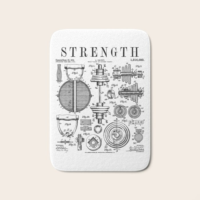 Gym Fitness Workout Dumbbell Kettlebell Vintage Patent Print Bath Mat Gallery Image 1