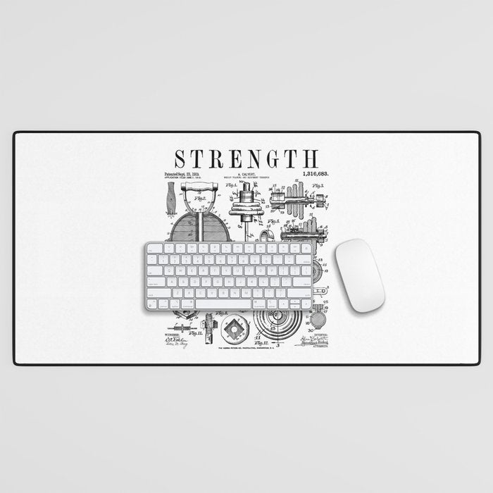 Gym Fitness Workout Dumbbell Kettlebell Vintage Patent Print Desk Mat Gallery Image 1