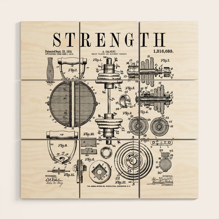 Gym Fitness Workout Dumbbell Kettlebell Vintage Patent Print Wood Wall Art Gallery Image 1