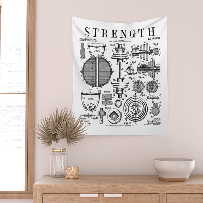 Gym Fitness Workout Dumbbell Kettlebell Vintage Patent Print Wall Tapestry Gallery Image 2