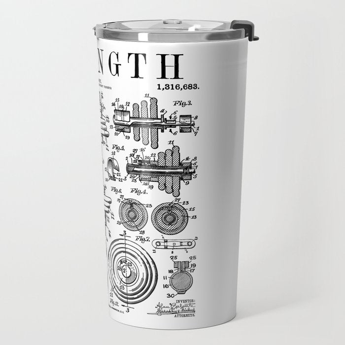 Gym Fitness Workout Dumbbell Kettlebell Vintage Patent Print Travel Mug Gallery Image 2