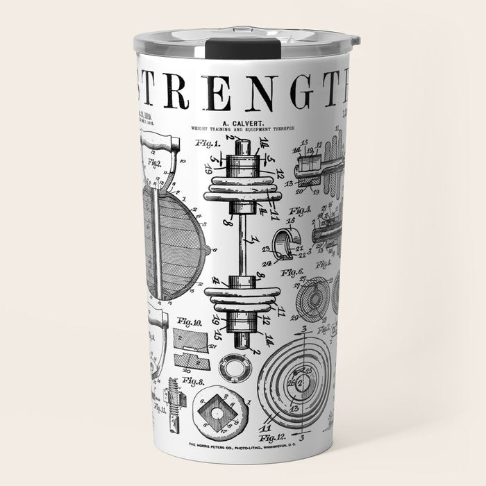 Gym Fitness Workout Dumbbell Kettlebell Vintage Patent Print Travel Mug Gallery Image 1