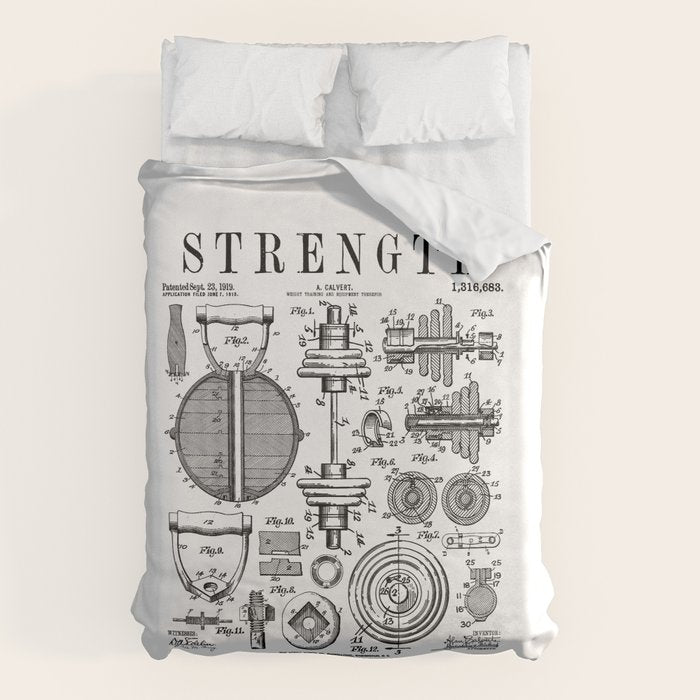 Gym Fitness Workout Dumbbell Kettlebell Vintage Patent Print Duvet Cover Gallery Image 1