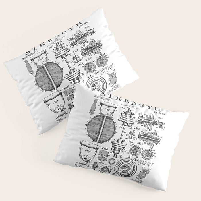 Gym Fitness Workout Dumbbell Kettlebell Vintage Patent Print Pillow Sham Gallery Image 1