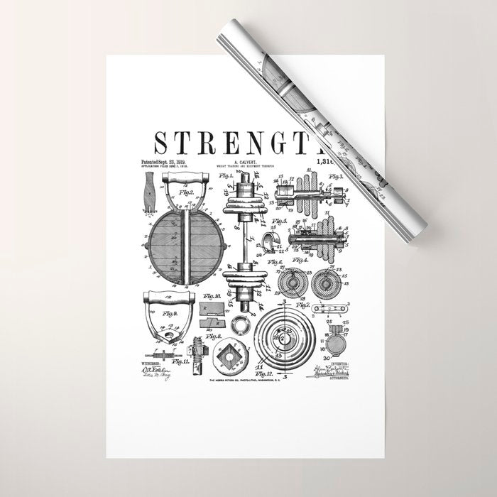Gym Fitness Workout Dumbbell Kettlebell Vintage Patent Print Wrapping Paper Gallery Image 1